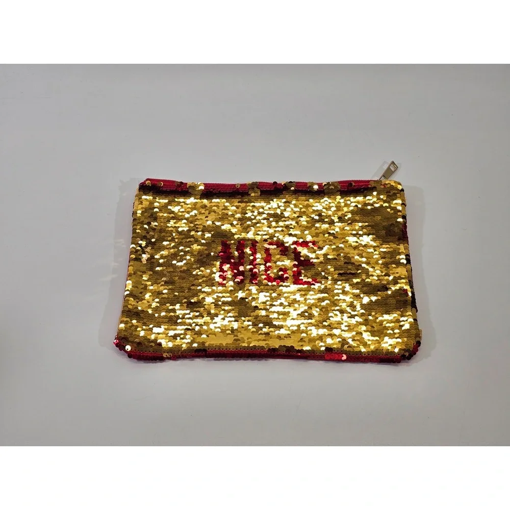 8 Oka Lane‎ Naughty & Nice Sequined Red Gold Clutch Makeup Travel Bag EUC
